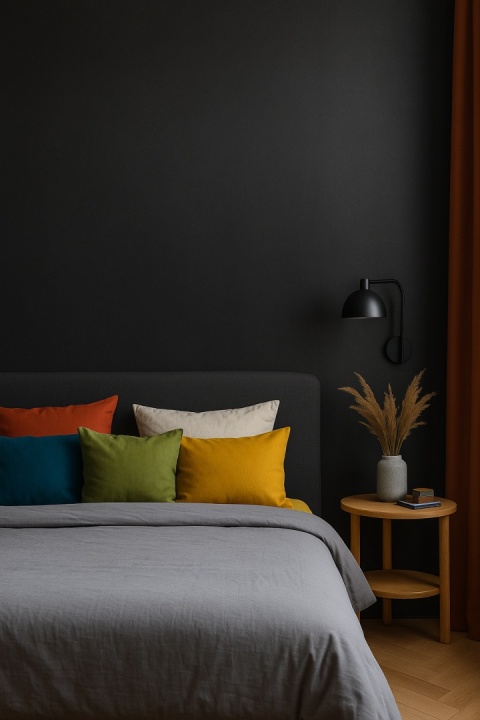 Nowoczesna sypialnia z ciemną ścianą Laminam Filo Pece, kontrastującą jasną pościelą i kolorowymi poduszkami.