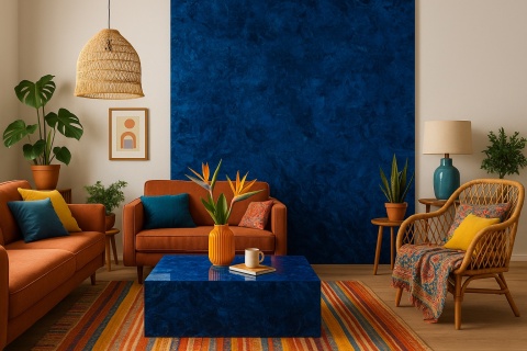 Salon w stylu boho z okładziną ścienną Laminam FluidoSolido Blu, kolorowymi dodatkami i żywą, wesołą aranżacją.