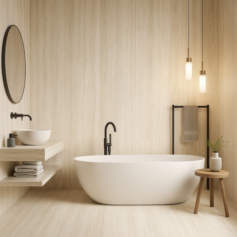 Luksusowa łazienka wykończona spiekiem Hado Travertino Bianco na ścianach i podłodze, z wanną wolnostojącą i czarnymi dodatkami.