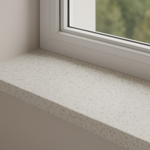 Okno z eleganckim parapetem wykonanym z konglomeratu Santamargherita Berlin, o jasnoszarej, stonowanej powierzchn