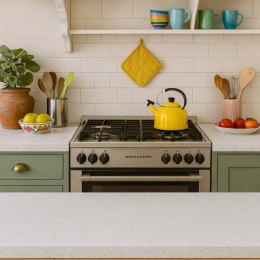 Klasyczna kuchnia z blatami z konglomeratu Santamargherita Bianco Ghiaccio i kolorowymi dodatkami.