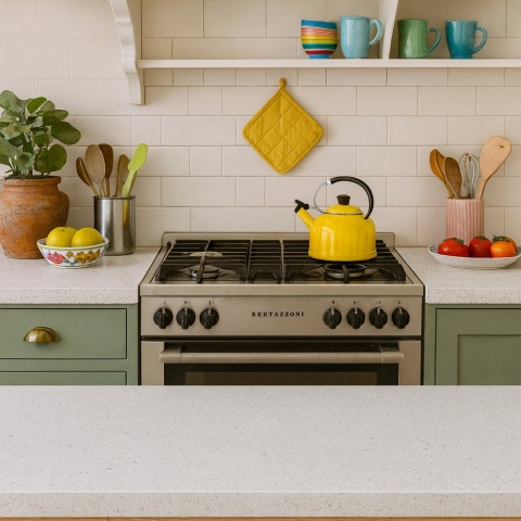 Klasyczna kuchnia z blatami z konglomeratu Santamargherita Bianco Ghiaccio i kolorowymi dodatkami.