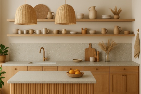 Kuchnia w stylu boho z blatami z konglomeratu Santamargherita Camden, jasne drewno, rattanowe lampy, ceramiczne dekoracje