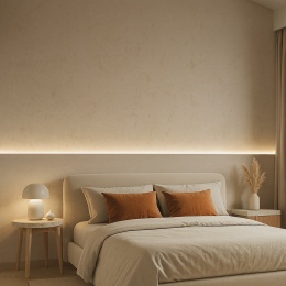 Sypialnia z dekoracyjną ścianą z konglomeratu Santamargherita Cotone, oświetlona ciepłym światłem wieczorem