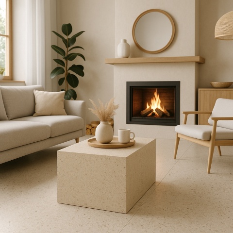 Salon w stylu skandynawskim z kominkiem, jasnymi meblami i stolikiem z konglomeratu Santamargherita Dalmata Beige.