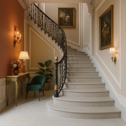 Schody w stylu neoklasycznym z konglomeratu Santamargherita Grigio Perla, ozdobione kolorowymi dodatkami