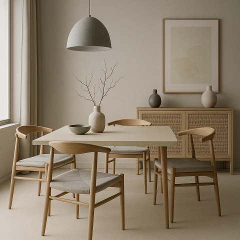 Japandi jadalnia z kamiennym stołem w beżowym odcieniu, drewnianymi krzesłami i minimalistycznym wystrojem w chłodnych barwach