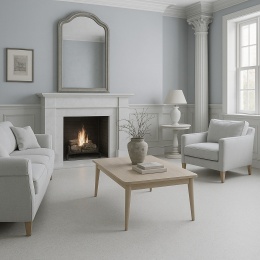 Klasyczne wnętrze w chłodnych odcieniach z podłogą i detalami wykonanymi z konglomeratu marmurowego Santamargherita Peonia.