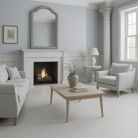 Klasyczne wnętrze w chłodnych odcieniach z podłogą i detalami wykonanymi z konglomeratu marmurowego Santamargherita Peonia.