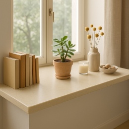 Parapet z konglomeratu Santamargherita Tibet w beżowo-kremowej tonacji, z książkami i dekoracyjnymi dodatkami.