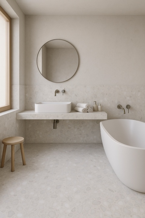 Nowoczesna łazienka z jasną posadzką i półką wykończoną konglomeratem Santamargherita Palazzo Reale.