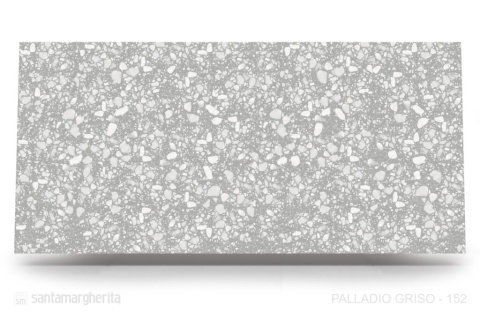 Palladio Griso o chłodnej, szarej bazie, zdobionej dużymi, nieregularnymi wtrąceniami marmurowymi w odcieniach bieli