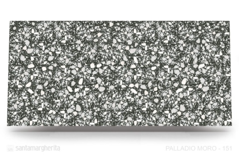 Palladio Moro  o  grafitowo-czarnej bazie, w której zatopione są duże i średnie wtrącenia marmurowe w odcieniach bieli.
