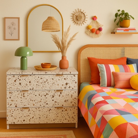 Kolorowa sypialnia z meblami i blatami wykończonymi konglomeratem Santamargherita Palladio Rialto, pełna dodatków i dekoracji.