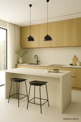 Nowoczesna kuchnia z jasnym spiekiem Dekton Aeris na blacie i podłodze, z drewnianymi frontami i czarnymi akcentami.