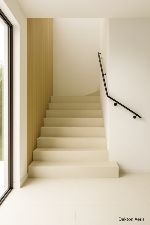 Minimalistyczne schody z jasnego spieku Dekton Aeris, z czarną poręczą i drewnianym panelem przy dużym oknie.