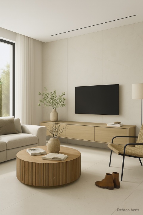 Salon z jasnym spiekiem Dekton Aeris na ścianie i podłodze, w naturalnym świetle, z drewnianymi i tekstylnymi dodatkami.