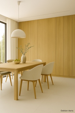 Jadalnia z jasnym spiekiem Dekton Aeris na podłodze, stołem z drewna i tapicerowanymi krzesłami przy dużym oknie.