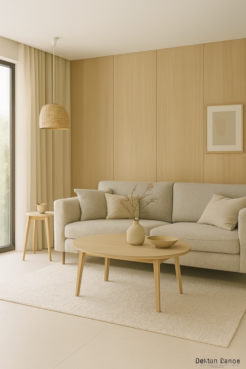 Salon w stylu skandynawskim z podłogą z Dekton Danae, jasną sofą, drewnianym stolikiem i dużym oknem z zasłoną.