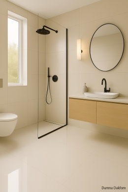 Łazienka z polerowanym spiekiem Dekton Dunna na ścianach i podłodze, z drewnianą szafką i czarną armaturą.
