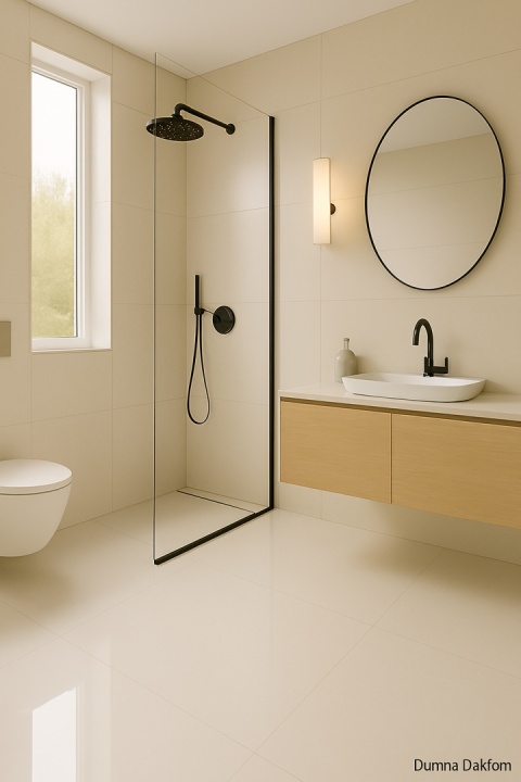 Łazienka z polerowanym spiekiem Dekton Dunna na ścianach i podłodze, z drewnianą szafką i czarną armaturą.