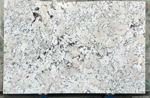 Płyta granitu Andorra w odcieniach bieli i szarości z ciemnym żyłkowaniem, wykończenie polerowane
