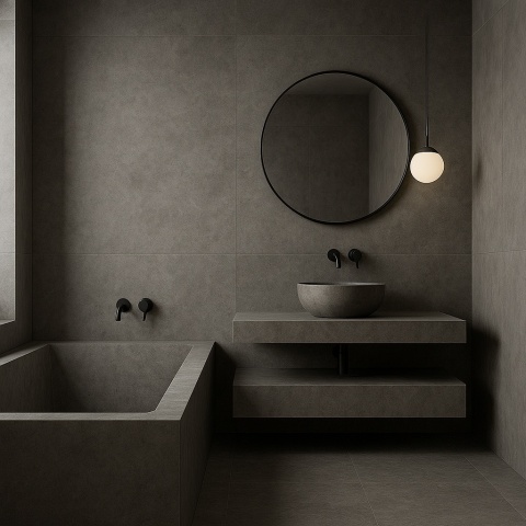 Nowoczesna łazienka w szarościach z betonowym spiekiem Infinity Concrete Grey, wanną i wiszącą umywalką