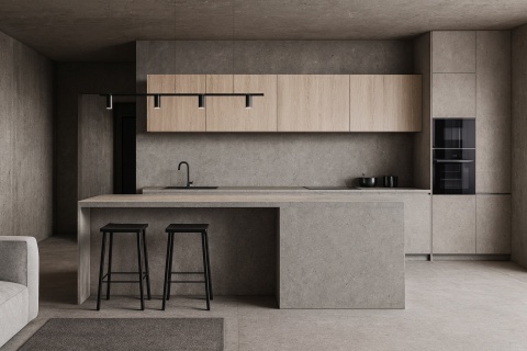 Loftowa kuchnia z barem domowym wykończonym spiekiem Infinity Arkeon Sandstone Grey Matte w chłodnej szarości.