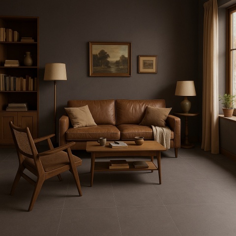 Salon w stylu vintage z brązową skórzaną sofą, drewnianymi meblami i podłogą wykończoną spiekiem Sandstone Warm Matte.