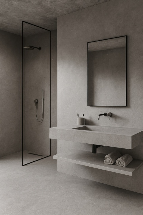 Loftowa łazienka z betonowymi ścianami i podłogą wykończoną spiekiem Infinity Arkeon Sandstone Silver Matte.