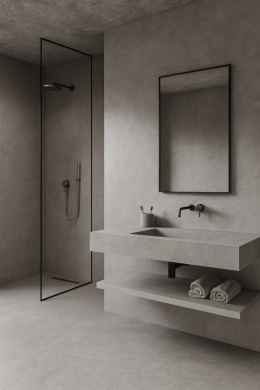 Loftowa łazienka z betonowymi ścianami i podłogą wykończoną spiekiem Infinity Arkeon Sandstone Silver Matte.