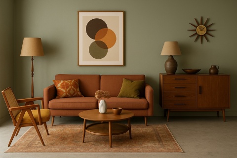 Salon w stylu retro z drewnianymi meblami, sofą vintage i podłogą wykończoną spiekiem Infinity Arkeon Sandstone Light Matte