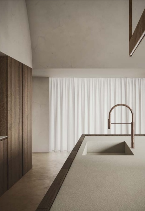 Nowoczesna kuchnia z wyspą wykończoną spiekiem Infinity Arkeon Plaster Snow Matte w jasnym beżu