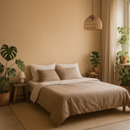 Sypialnia z ozdobną ścianą wykończoną spiekiem Plaster Sand Matte, wypełniona zielonymi roślinami i naturalnymi dodatkami.