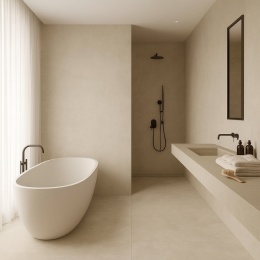 Łazienka w stylu glamour wykończona spiekiem Infinity Arkeon Plaster Bone Matte z wanną, prysznicem i eleganckimi dodatkami.