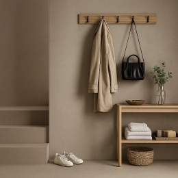 Przedpokój wykończony spiekiem Infinity Arkeon Plaster Ground Matte z dodatkami codziennego użytku i białym oświetleniem.