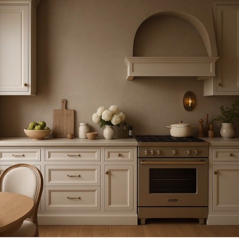 Nowoczesna kuchnia w stylu neoklasycznym z ozdobnymi detalami i ścianą wykończoną spiekiem Infinity Arkeon Plaster Ground Matte.