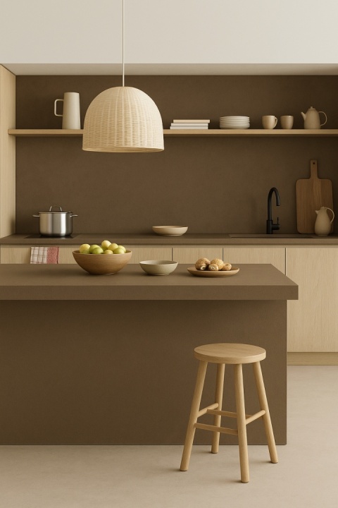 Kuchnia - wyspa kuchenna, blaty i  okładzina ścienna wykonana ze spieku Plaster Ash