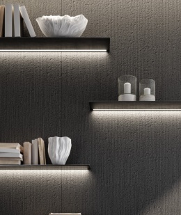 Teksturowane płyty Hyle Denim w ciemnym odcieniu z półkami i podświetleniem LED