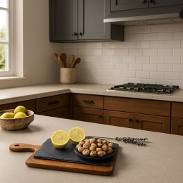 Deska z cytrynami, gałązką lawendy i gałką muszkatołową na blacie ze spieku Infinity Materia Provencale w kuchni.