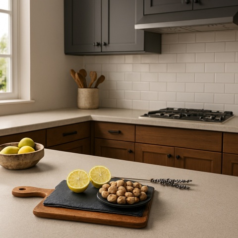 Deska z cytrynami, gałązką lawendy i gałką muszkatołową na blacie ze spieku Infinity Materia Provencale w kuchni.