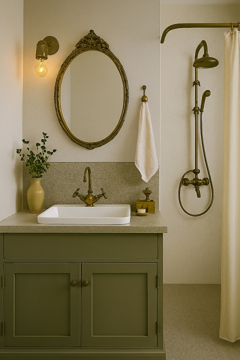 Łazienka vintage z prysznicem, spiekiem Terrazzo Grey i mosiężnymi dodatkami, podkreślona białym światłem.
