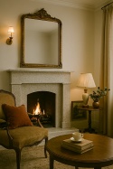 Salon vintage z kominkiem ze spieku, złotym lustrem i rustykalnymi dodatkami w ciepłym świetle.