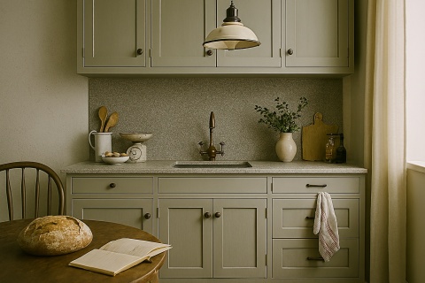 Ckuchnia ze spieku Terrazzo Grey  i stylowymi dodatkami.