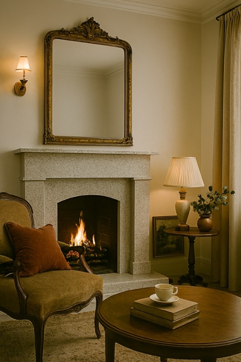 Salon vintage z kominkiem ze spieku, złotym lustrem i rustykalnymi dodatkami w ciepłym świetle.
