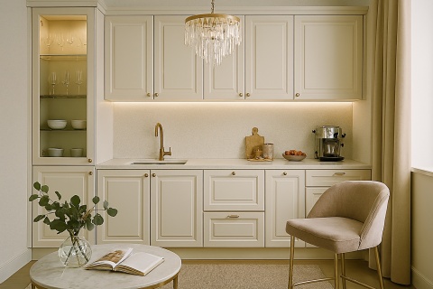 Kuchnia glamour ze spiekiem na blatach, złotym kranem, kryształowym żyrandolem i stylowymi dodatkami.