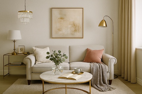 Salon glamour z sofą, spiekiem na ścianie, złotymi akcentami i naturalnym światłem podkreślającym tekstury.