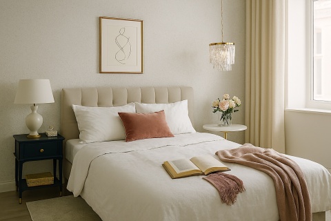 Sypialnia glamour z jasnym spiekiem na ścianie, białym światłem i eleganckimi dodatkami w pudrowych tonach.