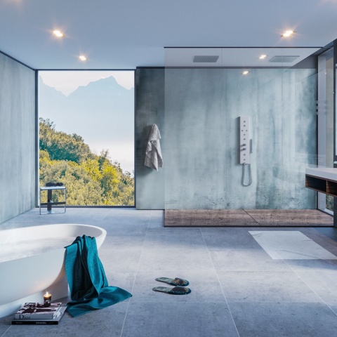 Nowoczesna łazienka z dużymi płytami Infinity Metal Silver na ścianach i podłodze w białym świetle