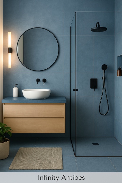 Nowoczesna łazienka z niebieskimi płytami, drewnianą szafką, okrągłym lustrem i czarną kabiną prysznicową.